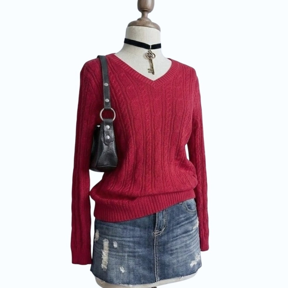 Cable Knit Sweater Blouse Winter Fall Holiday MEDIUM Academia Red Chunky